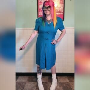 Vintage 80s 90s Adrianna Papell Turquoise Blue Dress Decorative Knot Buttons